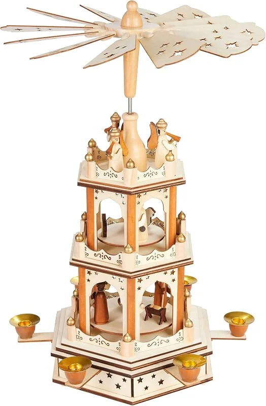 Visita la tienda de BRUBAKER BRUBAKER Pirámide de Navidad - Pirámide de Madera Rotativa de 3 Pisos - Decoración de Navidad con 3 Pisos y Alas de Estrella de Madera - 45 cm de Altura - Figuras Pintadas a Mano - Marrón Natural — Cena a la luz de velas