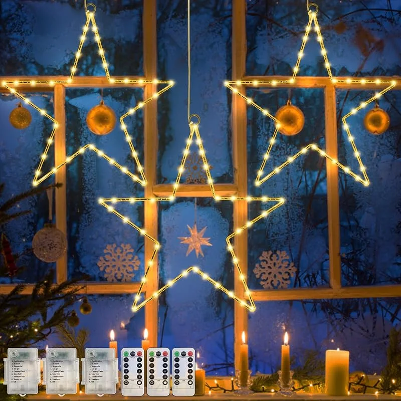 Jsdoin luces de la ventana de Navidad 3 paquetes de batería operada estrella luces de Navidad con 8 modos y remoto 45 led ventana luz caliente para la decoración — Decoracion Navidad
