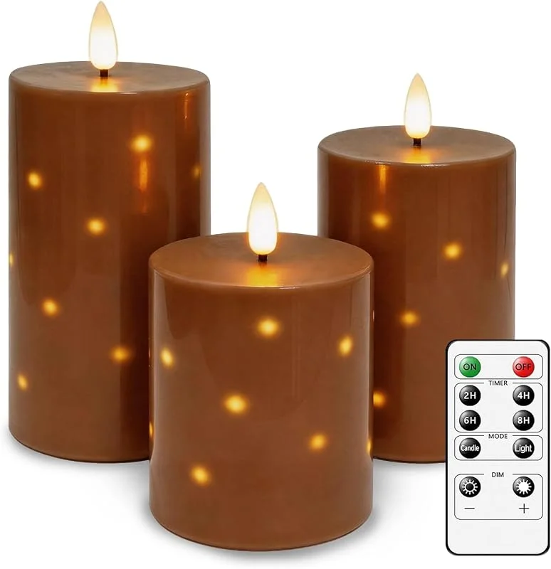 Visita la tienda de AiiBowy 3 Piezas Velas LED con Guirnalda de Luces, Vela a Pilas con Mando a Distancia y Temporizador, Cera Real, Vela LED Decorativa Sin Llama para Bodas, Fiestas, Festival (Marrón) — Luces Navidad