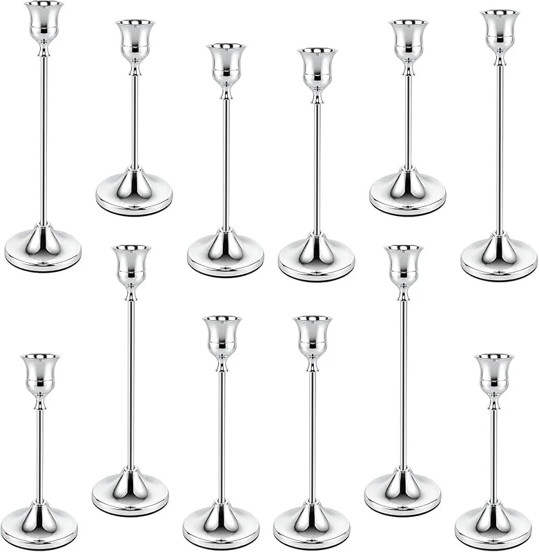 CAINCAY Candelabro plateado, 12 unidades, candelabro de varilla, candelabro vintage, candelabro de varilla, candelabro alto para boda, Navidad, cena — Cena a la luz de velas