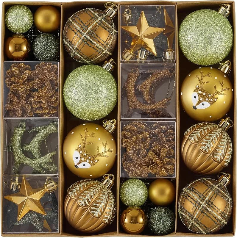 Visita la tienda de Valery Madelyn Valery Madelyn Bolas de Navidad, 60 unidades, paquete de regalo, decoración de árbol de Navidad, plástico, bronce, verde, decoración navideña con colgador, tema de bosque (M) — Decoracion Navidad