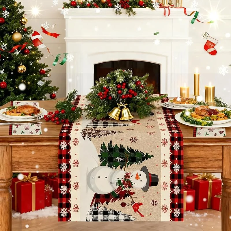 JynxtoyZeal Camino de Mesa Navidad, 5 Pieza Camino de Mesa Navidad Rojo, Christmas Xmas Table Runner Patrón de Copo Nieve de Muñeco de Nieve Bordado — Hogar y cocina
