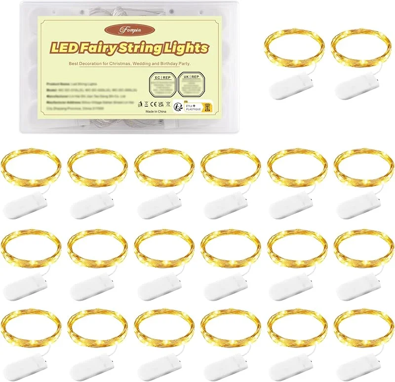 Forepin Guirnalda Luces LED, 20 Piezas 1m 10 LED Luces LED Pilas, Impermeable LED Luces de Cadena Micro con Pilas Guirnaldas Decoracion Luces de Hadas para Interior Jardín Boda Fiestas — Decoracion Navidad