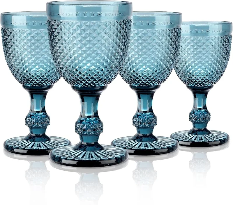 Visita la tienda de Joeyan Joeyan 270ml Set de 4 Copas de Vino Vintage Azules con Relieve — Vino y mesa festiva