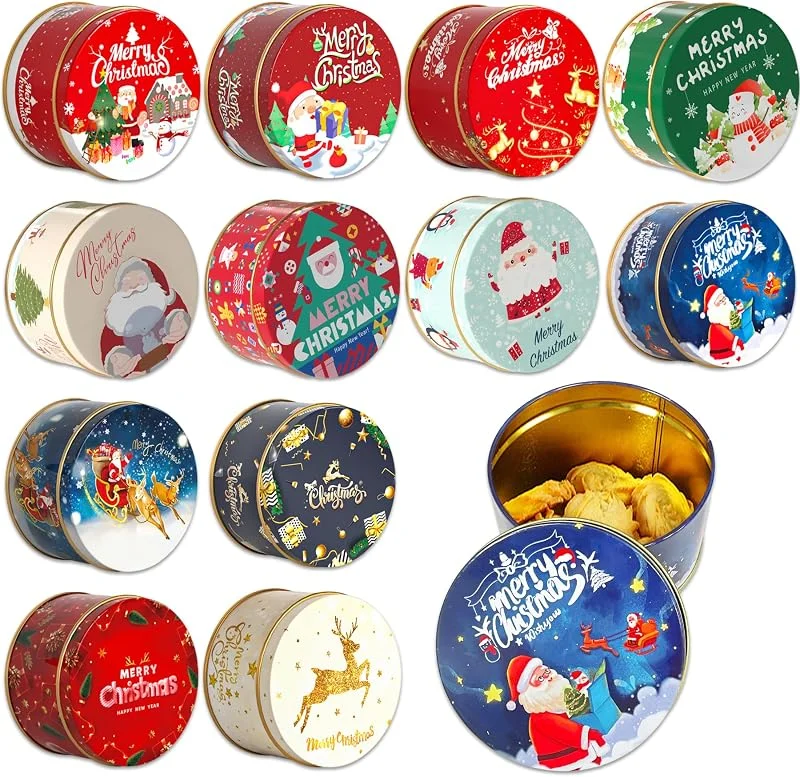 TZEKING 12 Piezas Caja de Hojalata Navideña, Piezas Bote Galletas Navidad, Caja De Hojalata Navideña Para Galletas y Dulces Envase Multifuncional De Almacenamiento, Redonda, 7.5x 7.5 x 4.5 cm — Envoltorio regalo
