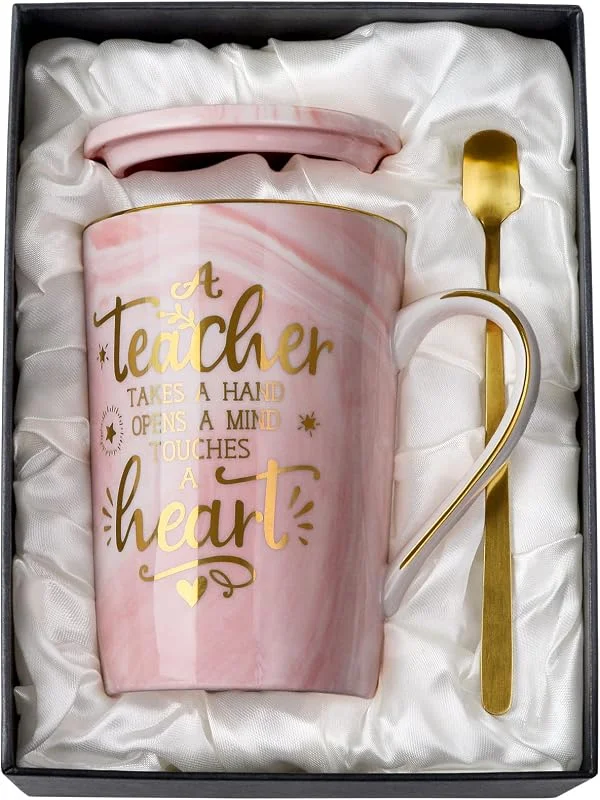 ALBISS Regalos únicos de agradecimiento a profesores para mujeres, el mejor regalo para profesores, taza de café de cerámica de mármol rosa de 14 onzas impresa con oro, graduación, caja de regalo — Adviento y mesa