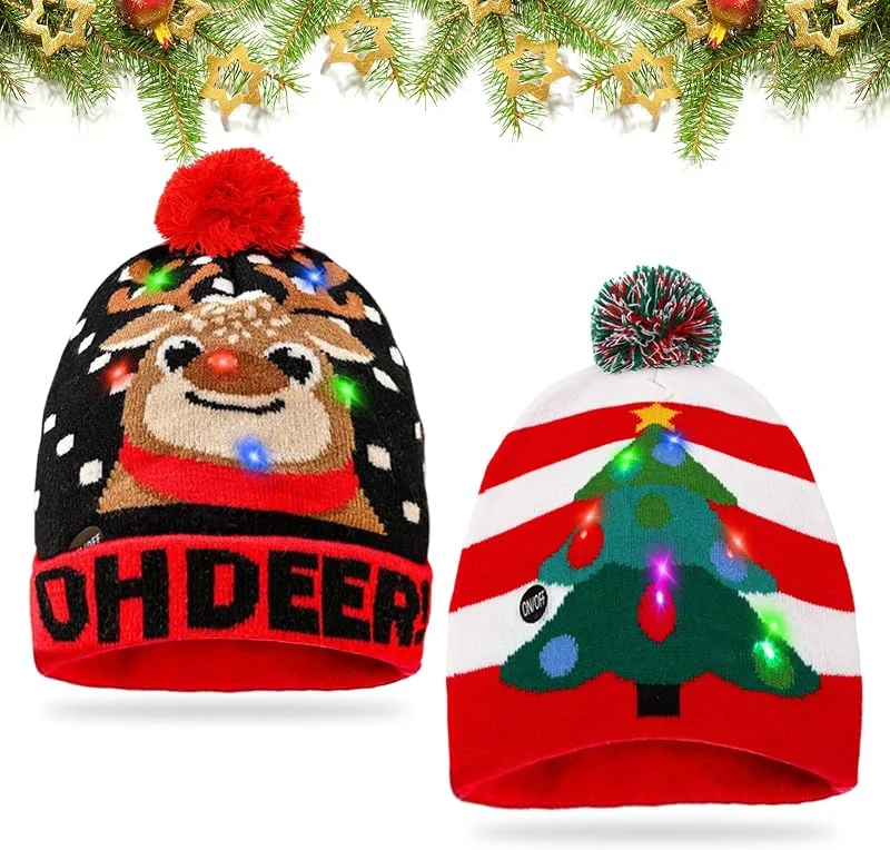 Leonshco Gorro de Navidad LED para adultos, unisex, gorro de punto elástico rojo, 6 luces, patrón de renos y nevadas, gorro luminoso para fiestas navideñas — Ropa Navidad