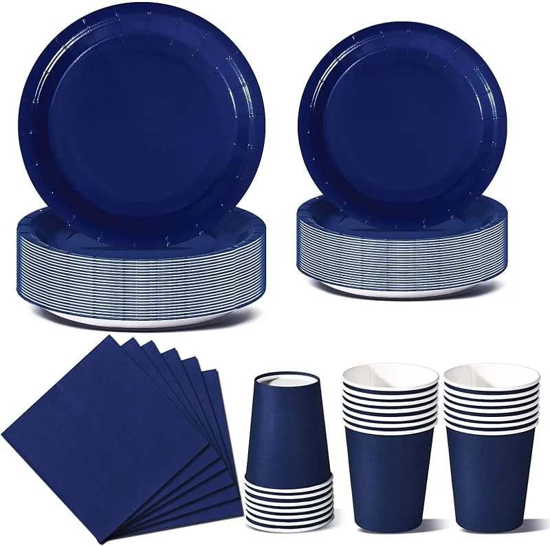 Nkaiso 96 Piezas Azul Oscuro Vajilla Fiesta Cumpleaños, Platos y Vaso Cumpleaños Infantil, Set de Party Decoración Platos Desechable Servilletas para Navidad, Barbacoas, Fiestas -24 Invitado — Adviento y mesa