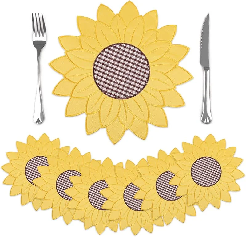 Visita la tienda de comfoyar comfoyar Juego de 6 Manteles Individuales Redondo Bordado con Forma de Girasol, 35 cm Salvamanteles Individuales Lavables Flor con Centro Tartán para Cocina, Comedor, Fiestas y Decoración de Mesa — Hogar y cocina