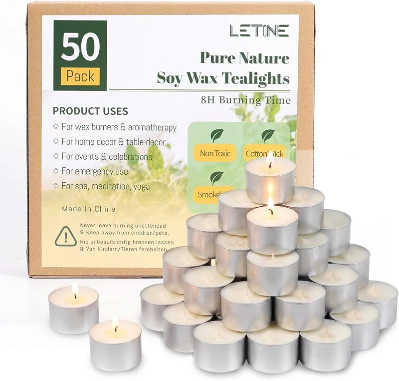 LETINE Velas de té de cera de soja de 8 horas, paquete de 50 velas, velas de té — Cena a la luz de velas