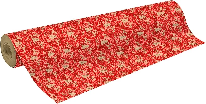 Clairefontaine - Ref 223814C - Rollo de papel kraft reciclado impreso (rollo simple) - 70 cm de ancho x 50 m de largo, 70 g, m² Papel Kraft 100% reciclado - Diseño navideño rojo Fair Isle — Envoltorio regalo