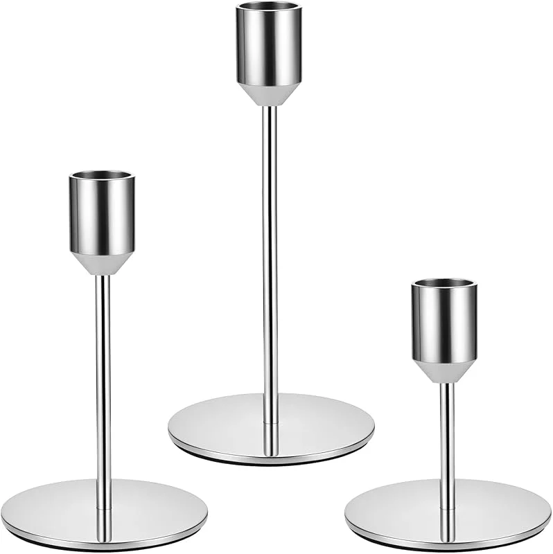 BOJIUKEJI 3 Piezas Candelabros Plateados, Portavelas, 16, 5, 13, 5, 9cm Candelabros de Metal Vintage para Cenas a la Luz de Las Velas Bodas Fiestas Decoración de Mesa (Forma de Cono) — Cena a la luz de velas