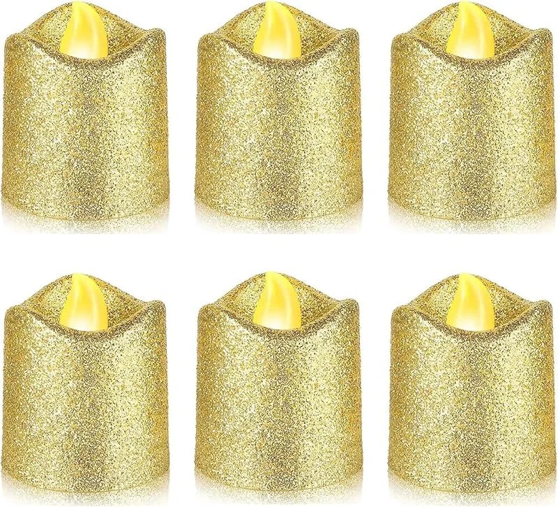 YiYFiT Velas votivas LED doradas con purpurina, funciona con pilas, velas falsas, velas de té sin llama, regalos para fiestas en casa, bodas, Halloween, decoración navideña (6 unidades) — Cena a la luz de velas