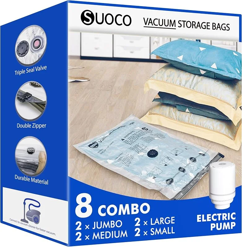 SUOCO bolsas de vacío ropa con bomba eléctrica, 8 conjuntos (2 XL, 2 grandes, 2 medianas, 2 pequeñas), bolsas de almacenaje al vacío para ropa de cama, viaje y mudanza — Vino y mesa festiva