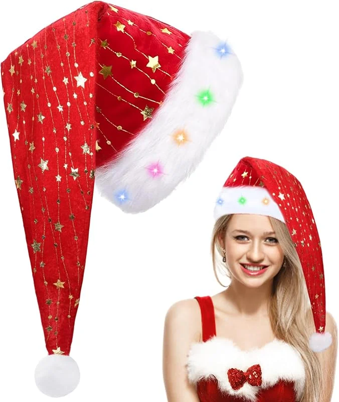 Leonshco Gorro de Navidad largo rojo con luces LED con estrellas doradas, gorro de Papá Noel de peluche con borde de piel, forro suave, para hombre, mujer, niños, fiesta de Navidad — Ropa Navidad