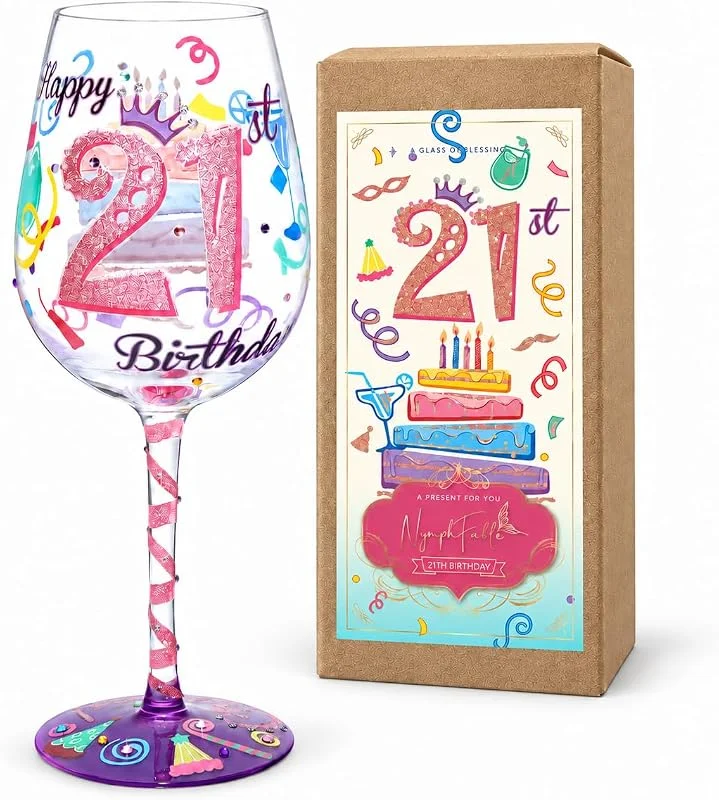 Visita la tienda de NymphFable NymphFable Copa de Vino Pintada a Mano Feliz Cumpleaños 21 Copa de Vino Tinto 15oz Regalo para Familia o Amigo — Vino y mesa festiva
