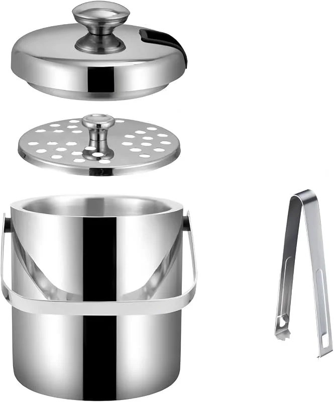 OnePine 1.3L Cubiteras acero inoxidable con Tapa, Pinzas y Colador, Cubitera Hielo Aislamiento de Doble Pared Acero Inoxidable, Cubo de Hielo Metalico para Champanera, Vino, Cerveza y Bebidas — Vino y mesa festiva