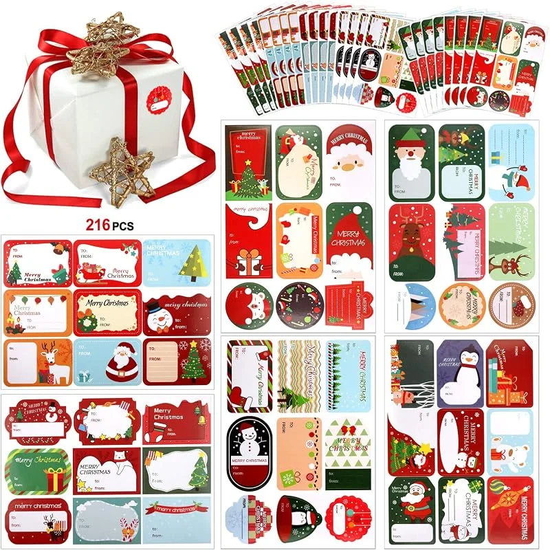 HOWAF Pegatina para Navidad 216 Piezas, Etiquetas Autoadhesivas de Navidad, Etiquetas Decorativas de Regalo para Navidad Cumpleaños Festival Boda Vacaciones — Envoltorio regalo