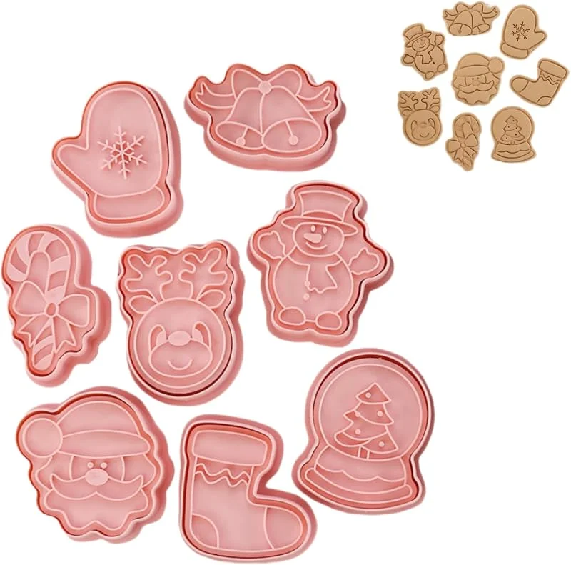 Visita la tienda de Yealoo Juego de 8 cortadores de galletas navideñas, moldes para galletas cortadores de galletas, cortadores de galletas de plástico 3D con sello molde cortador (juego de Navidad B) — Hogar y cocina
