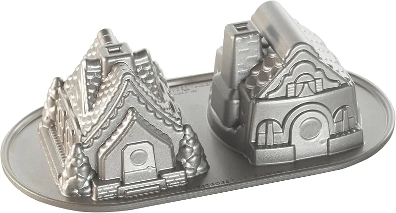 Nordic Ware moldes de Navidad con forma de casa de jengibre, molde para tartas para crear un pueblo navideño, para dos tartas, accesorios de repostería fabricados en EE.UU., color: plateado — Hogar y cocina