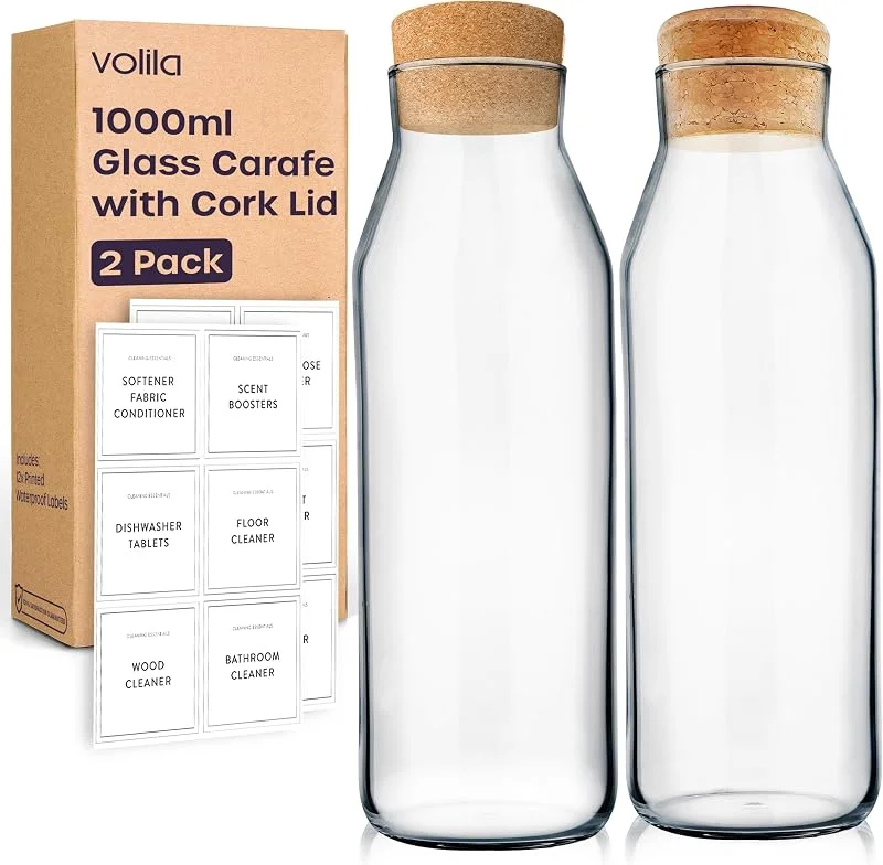 Visita la tienda de volila volila Jarra de vidrio – Jarra de agua de 1 litro con tapa (paquete de 2) – Botella de vidrio transparente versátil con tapa de corcho, utilizada como jarra de agua de noche, bebidas o artículos no — Vino y mesa festiva