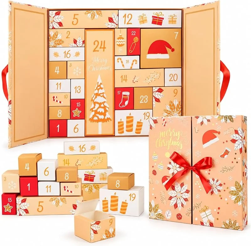 QIGHLIS Caja de Regalo Navidad Calendarios de Adviento, 24 Cajas de Papel Paquete Regalo Navidad Cajas de Calendario para Rellenar, Calendario Adviento DIY para Regalo Decoración (Amarillo) — Envoltorio regalo