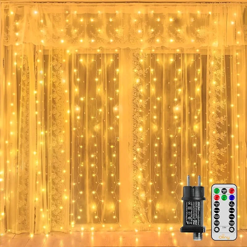Ollny Cortina de luces para interior y exterior, 2 x 2 m, 200 LED, con mando a distancia, temporizador, regulable, para ventanas, Navidad, dormitorio, pared (blanco cálido) — Luces Navidad