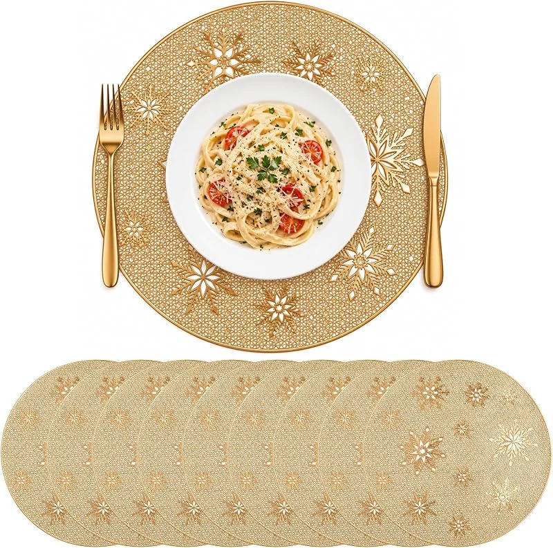 guobinZH 10 Mantel Individual Navideño Redondos Patrón de Copo de Nieve 38cm PVC Oro — Hogar y cocina