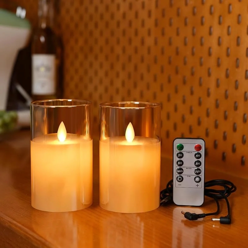 Lonkenn Pack de 2 Recargable Velas LED, Funciona con Pilas Velas con Marrón Vidrio Efecto, USB Vela con Temporizador y Mando a Distancia, Para Navidad, Pascua, Fiestas, Bodas, Cumpleaño, 12.5cm — Luces Navidad