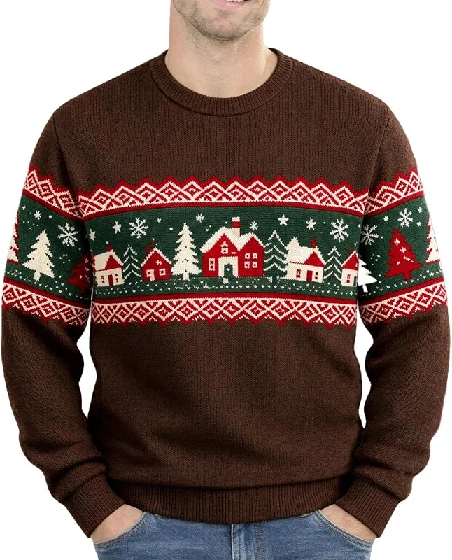 Generic Jersey navideño Hombre Cuello Redondo con Estampado de Casas y árboles Tejido Suave Manga Larga para reuniones y Celebraciones de Navidad — Ropa Navidad