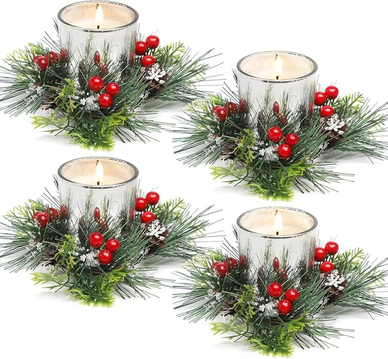 KAHEIGN 4 Piezas Anillos de Velas Navideñas, 20CM Corona de Frutos Rojos Artificiales Candelabro con Agujas de Pino de Nevado para Pilares Rústico Bodas Navideña Fiestas Puerta Mesa Decoración — Decoracion Navidad