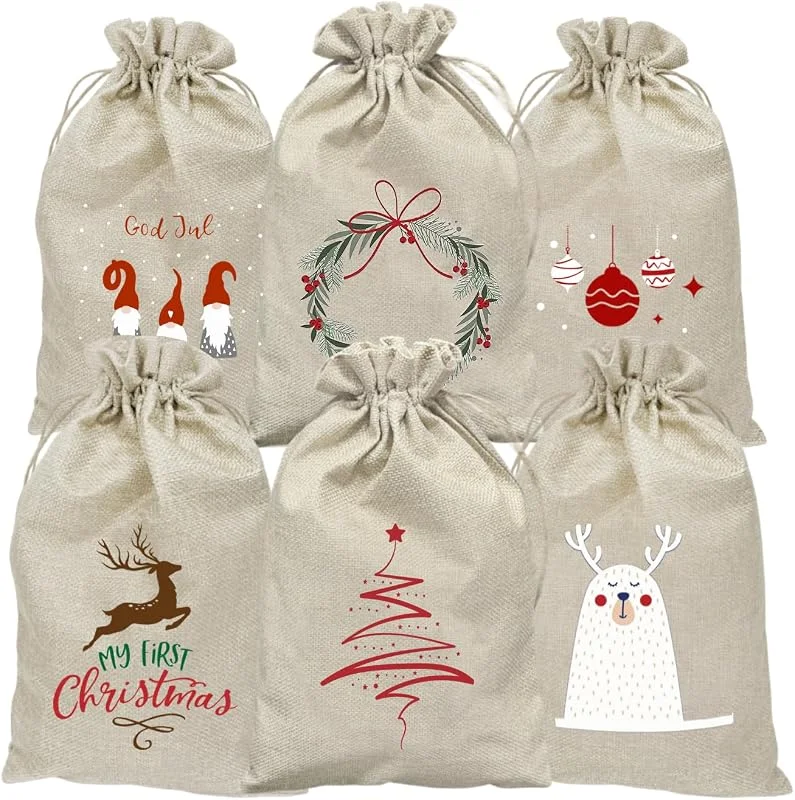 JINGTOPS Bolsas Regalo Navidad 20x30cm, 6 Piezas Bolsas De Regalo Navidad Tela De Saco Con Patrón Colorido, Sacos De Natal Tela Pequeñas Para Regalos De Noel Caramelos Surtido Chocolatinas — Envoltorio regalo