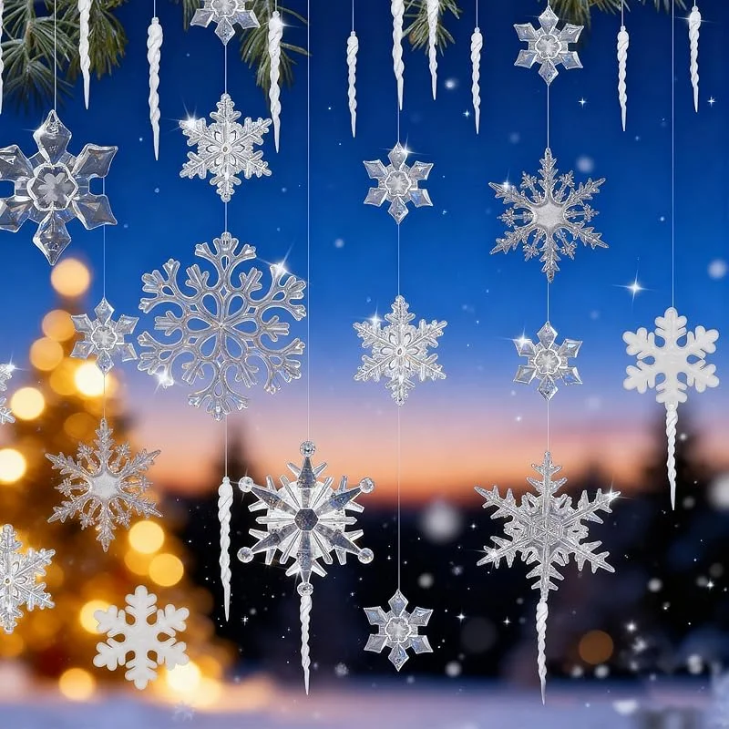 CATELL 46 Piezas Adornos Navidad de Carámbano Copo de Nieve, 32 Pcs Adornos de Copos de Nieve de Cristal Acrílico 12 Pcs Acrílico carámbanos y 2 Rollos Hilo Elástico para Hogar Ventana Pard Escaparate — Decoracion Navidad
