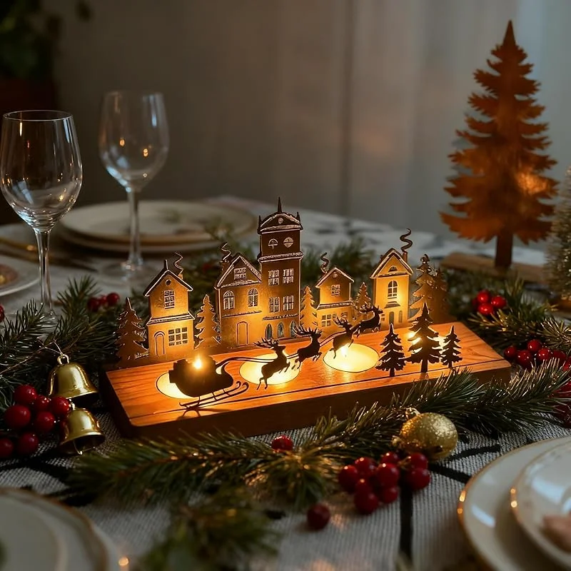 Kizozo Portavelas de Adviento, corona de Adviento, portavelas de Navidad, con bandeja para 4 velas, portavelas de metal y madera, decoración navideña — Adviento y mesa