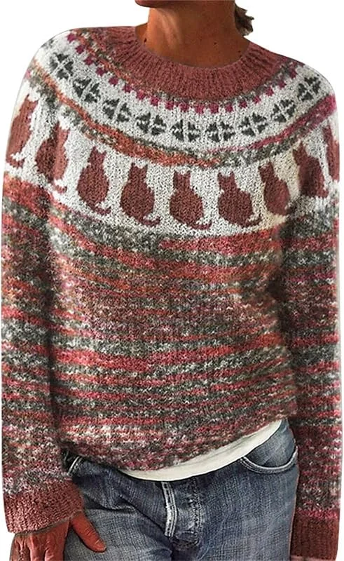 Generic HUIFUAO - Jersey Fairisle para mujer, talla grande, suéter noruego, nórdico, islandés, invierno, cálido, grueso, de Navidad, ropa de punto vintage, suave, suéter de manga larga — Ropa Navidad
