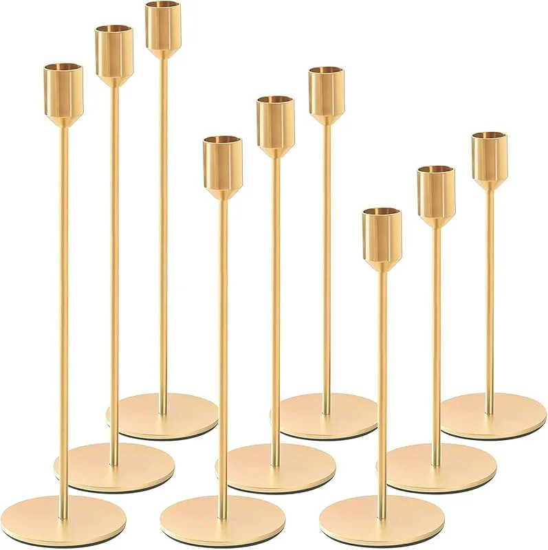 ZPQAODI 9 pcs Candelabros de Metal, Estilo Retro Comedor Candelabro Dorado Decoración 33, 28, 24 cm, Candelabro Cónico, Candelabros Decorativos para Navidad Halloween Acción Gracias Bodas Fiestas — Cena a la luz de velas