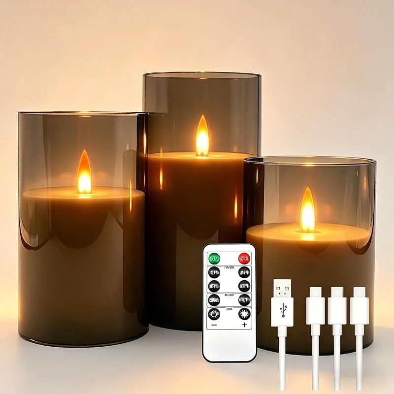 Visita la tienda de Da by Da by 3 Velas LED Recargables 1800mAh, Velas Sin Llama Parpadeantes con Mando a Distancia, Cubierta Transparente Gris Oscuro para Decoración de Bodas y Navidad — Luces Navidad