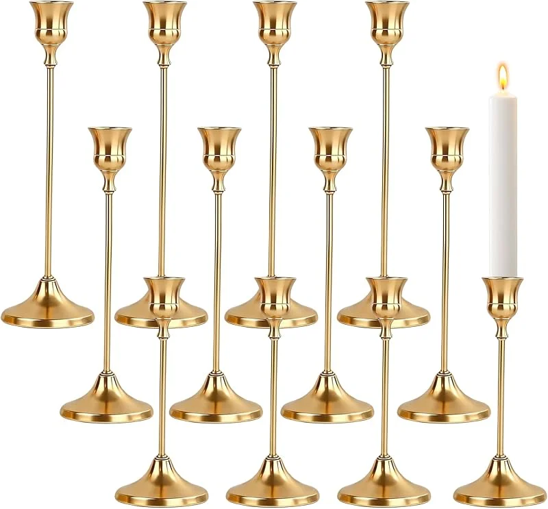 POPAPIE Candelabro Dorado, 12 Piezas Candelabros De Varilla para Velas Cilindro — Cena a la luz de velas