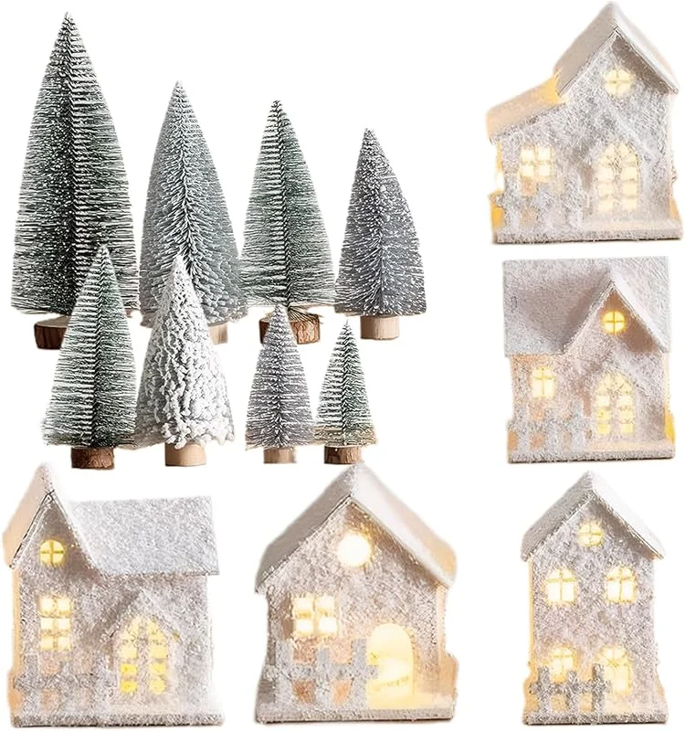 Syglawnd Juegos de Pueblos Navideños, Casas de Pueblo Navideñas Blancas Iluminadas con 8 Mini Árboles de Invierno de Madera con Pilas, para Repisa de Mesa — Decoracion Navidad