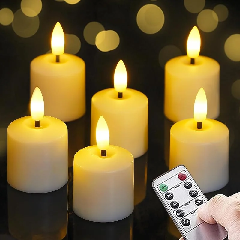 Mavandes Pequeñas velas LED parpadeantes sin llama con pilas y mando a distancia, 4cm x 6, 5cm marfil, temporizador 2, 4, 6, 8h velas votivas a pilas de plástico pilar larga duración paquete de 6 — Cena a la luz de velas