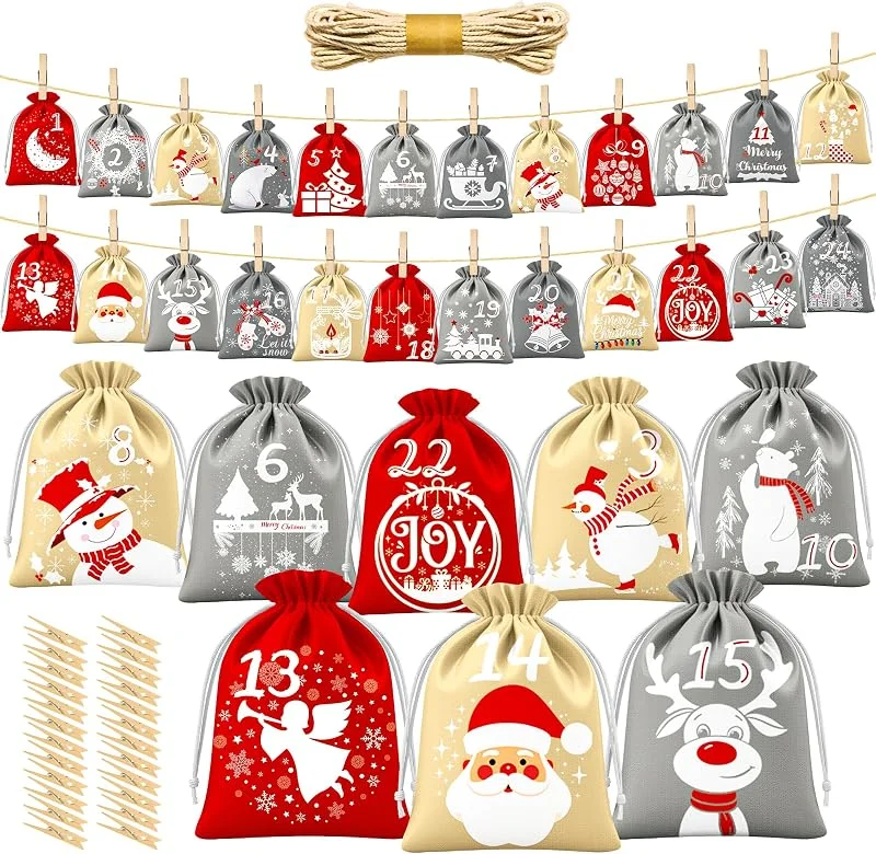BoriYa Calendario Adviento para Rellenar - Terciopelo Bolsas Calendarios Adviento Vacio, DIY Calendario de Adviento Rellenable, Niños Bolsitas Calendario de Navidad para Rellenar 2025 — Adviento y mesa