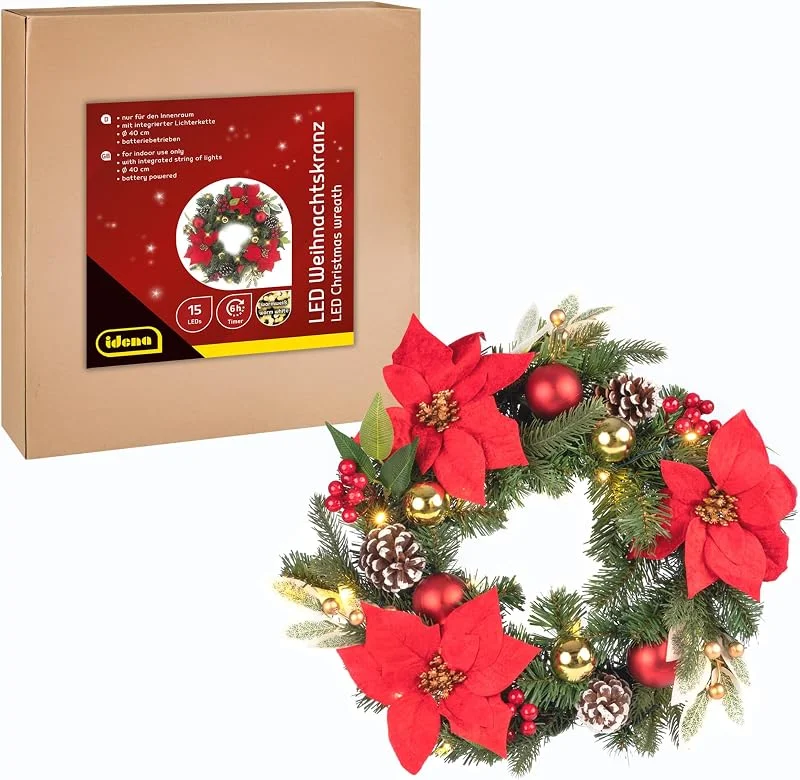 Visita la tienda de Idena Idena 31902 - Corona navideña LED con 15 LED en Blanco cálido, Aprox. 40 cm, Corona de Adviento con Adornos en Rojo y Dorado, decoración navideña para Interiores — Decoracion Navidad