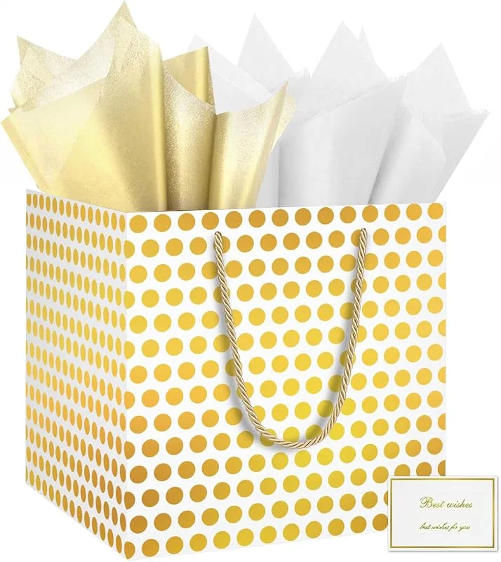 HONTIUS Bolsa de regalo cuadrada, bolsa de regalo extragrande de 11.8 pulgadas con base reforzada, tarjeta de papel de seda, bolsa de regalo de lunares de aluminio para cumpleaños, boda, baby shower — Envoltorio regalo