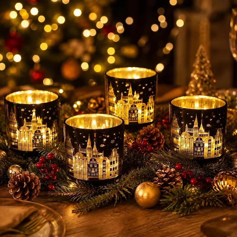 Visita la tienda de HoldOneLight Juego de 4 portavelas de cristal, color negro y dorado, decoración de Navidad — Cena a la luz de velas