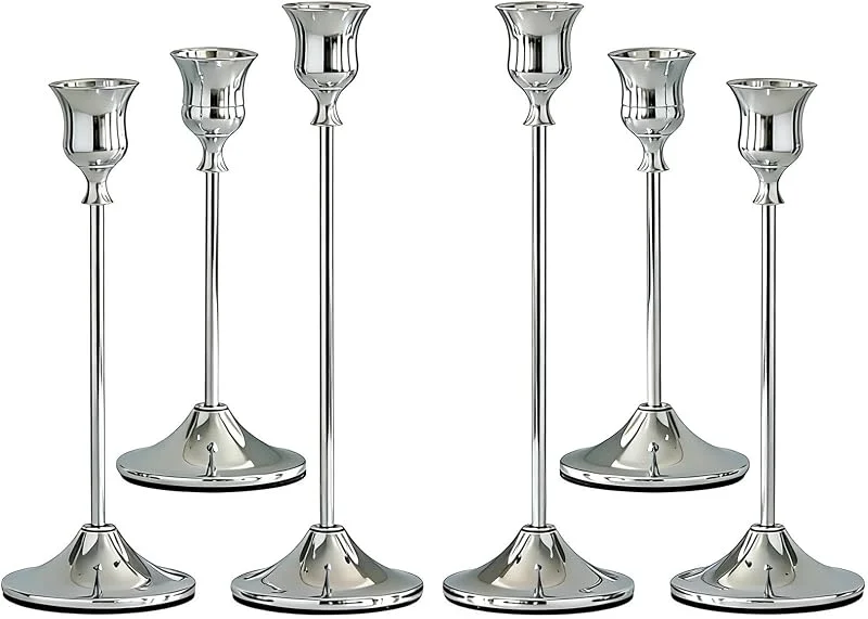 VELAJA Juego de 6 Candelabros Plateados, 3 Tamaños (17, 20, 23 cm), Portavelas Vintage para Decoración de Mesa, Bodas, Fiestas, Cenas, Chimenea y Hogar — Cena a la luz de velas