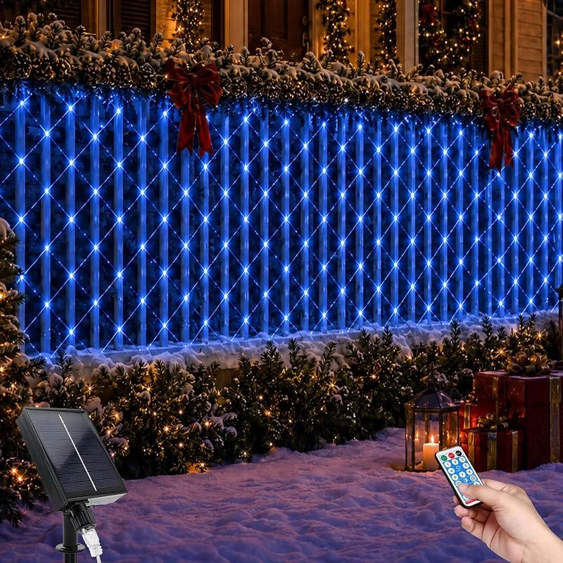 Prosishing Guirnalda LED Solar Exterior 1.5x1.5M 96LED Azul con Control Remoto — Luces Navidad