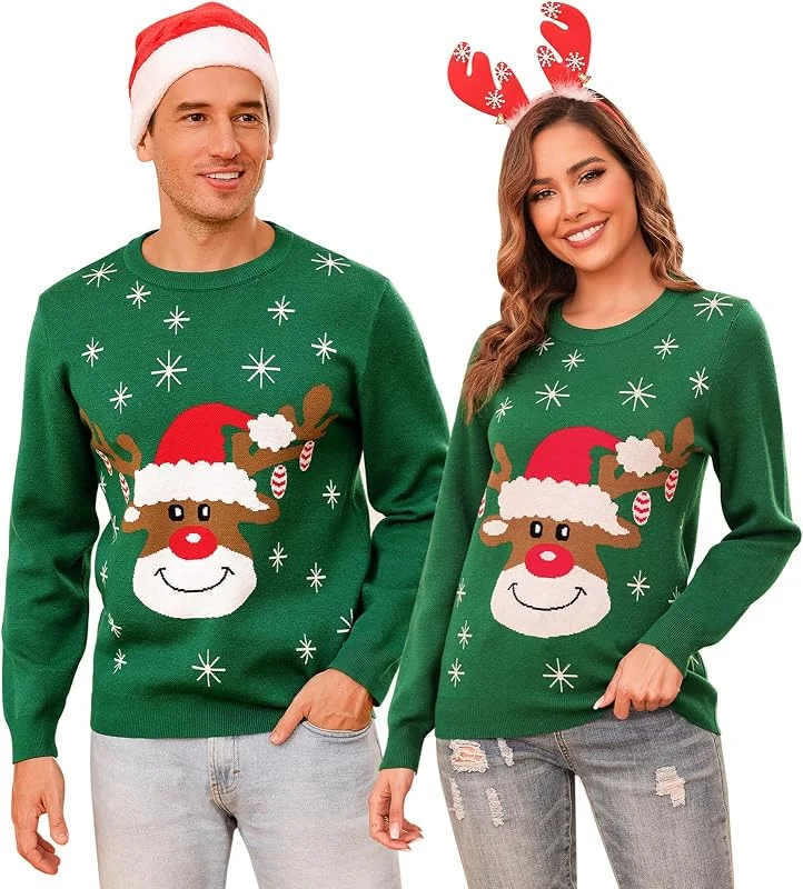 Visita la tienda de Aottori Aottori Jersey Navidad Mujer Hombre Suéter Navideño Matching Manga Larga Pullover Punto Unisex Pareja Cuello Redondo Reno Copo Nieve Invierno Familia — Ropa Navidad