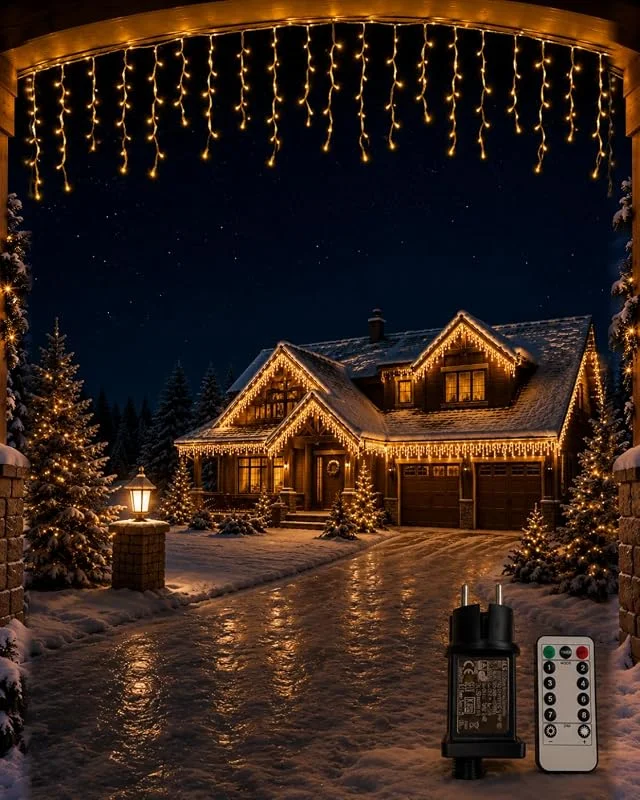 BG9D Guirnalda Luces Icicle Exterior 15m 500 LED con Temporizador Navidad Calida — Luces Navidad