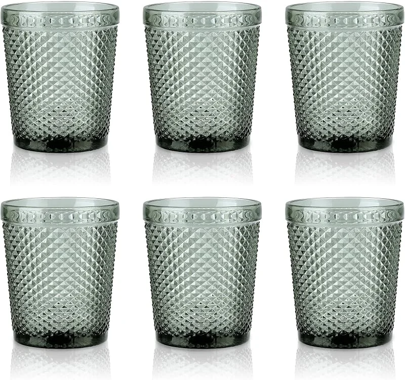 Visita la tienda de Joeyan Joeyan 300ml 10oz Vintage Gris Vaso de Cristal Agua con Relieve, Set de 6 — Vino y mesa festiva