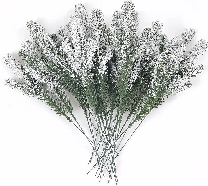 HBell 24 agujas de pino artificiales nevadas de 24 cm, ramas de pino esmerilado falso, tallos de vegetación, púas de pino de Navidad, púas de pino de abeto sintético de invierno, ramitas para — Decoracion Navidad